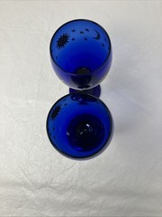 2 Libbey Cobalt Blue Celestial Sun Moon Stars Wine Water Glass Goblet Glass 7.5”