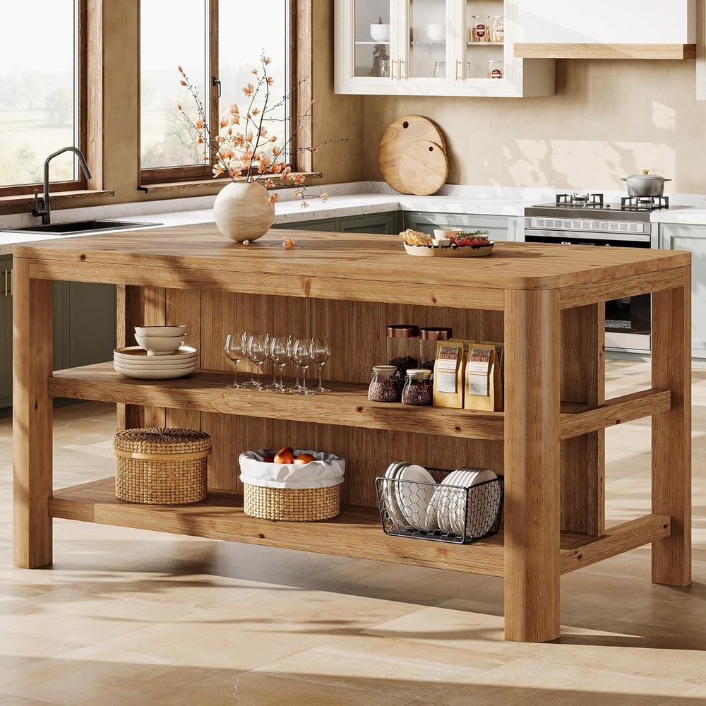 63-Inch Farmhouse Solid Wood Kitchen Island with Storage Shelves for Dining Room