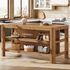 63-Inch Farmhouse Solid Wood Kitchen Island with Storage Shelves for Dining Room