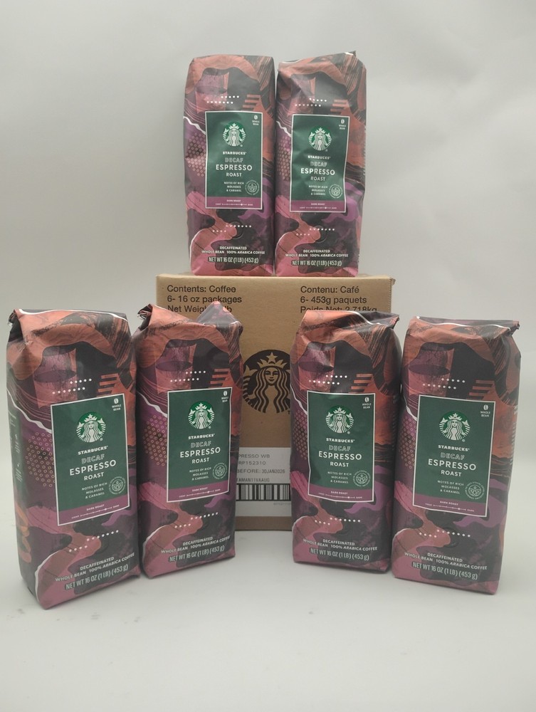 Starbucks Decaf Espresso Dark Roast Whole Bean Coffee 6-1lb / 16oz Bags