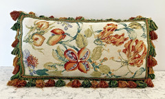 Vintage Handmade Wool Needlepoint Pillow Flowers Tassel Fringe Velvet 21″ x 11″