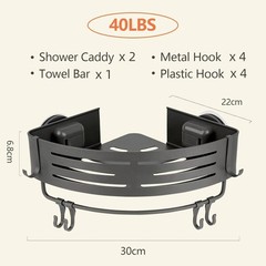 Aluminum Corner Shower Caddy Suction Cup, 2-Tier Shower Shelves with 8 Hooks