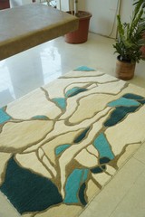 Hand Tufted Abstract Handmade Wool Rug Modern Area Rug in Ivory & Teal Carpet.