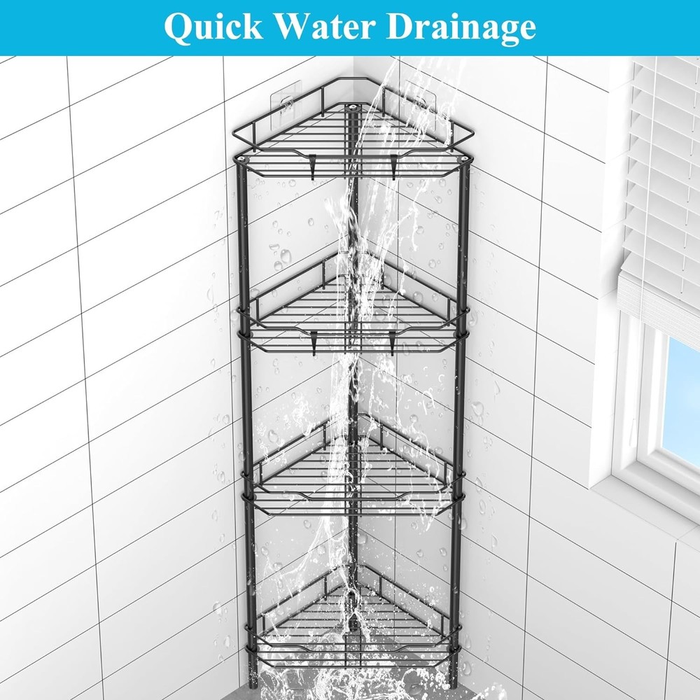 4 Tier Floor Standing Corner Shower Caddy Organizer Shelf with Hooks, Bathroom