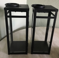 Black Metal Lg 15.5in Glass Panels 2 Set Hanging Candle Lanterns Door PRISTINE