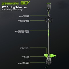 Greenworks 80V 17 inch String Trimmer w/ 2Ah Battery & 2A Charger (Refurbished)