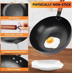 14 Piece Carbon Steel Wok Pan Set with Lid Flat Bottom Stir Fry Cookware