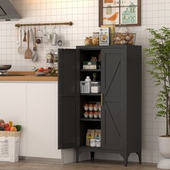 47”H White Metal Pantry Storage Cabinets with Doors and Adjustable Shelves