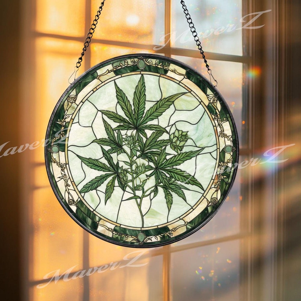 Marijuana Leaf Stained Glass Suncatcher,Cannabis Plant Window Ha nging Decor
