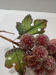Vintage Sugared Beaded Red Faux Grapes 3 Bundles 7” MCM Glitter Green Leaves