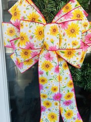 Handmade Large White Pink Yellow Floral Bow for Spring or Summer Wreath