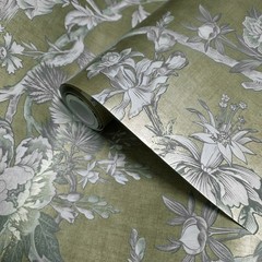 Gold foil metallic gray Chinoiserie blooming peonies branches cranes wallpaper