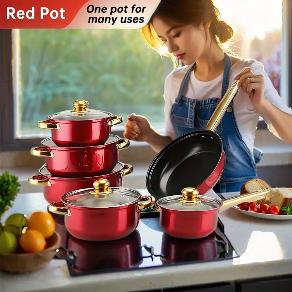 12 Piece Cookware Set Nonstick Pots and Pans Home Kitchen Cooking Non Stick, Red