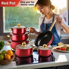 12 Piece Cookware Set Nonstick Pots and Pans Home Kitchen Cooking Non Stick, Red