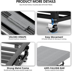 HMLAND Rollaway Bed Folding Bed with 6cm Foam Mattress for Adults & Guest