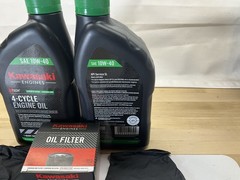 Kawasaki Oil Change Kit 49065-0736 + 2 Qts 99969-6296 includes a pair of gloves