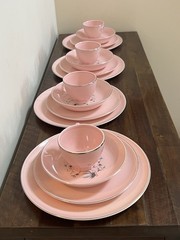 TAYLOR SMITH & TAYLOR DWARF PINE Pink 4 Pc Service Set Plates China Dishes VTG