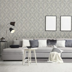 Satin gray silver tan Victorian damask faux silk fabric textured Wallpaper rolls