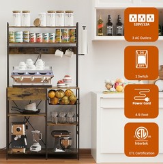 Large Brown Shelf Unit with Power Outlet, Freestanding Storage Organizer
