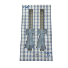 Anthropologie Blue Gingham Hand Sculpted Bow Taper Candles Set of 2 9.8in NEW