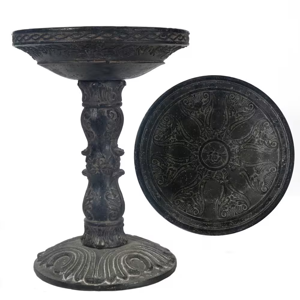 26.5 In. H Cast Stone Fiberglass Rose Aged Charcoal Finish Birdbath