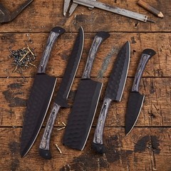 Carbon Steel Chef Knife Set 5Pc Shard Hammered Blade Grey Pakkawood Leather Roll