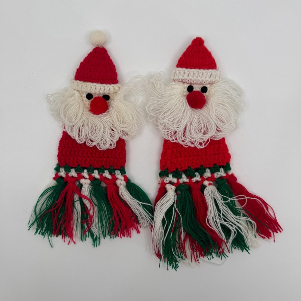 Handmade Santa Claus Ornaments SET of 2 Vintage 1980s Crochet Yarn Knit Folk Art