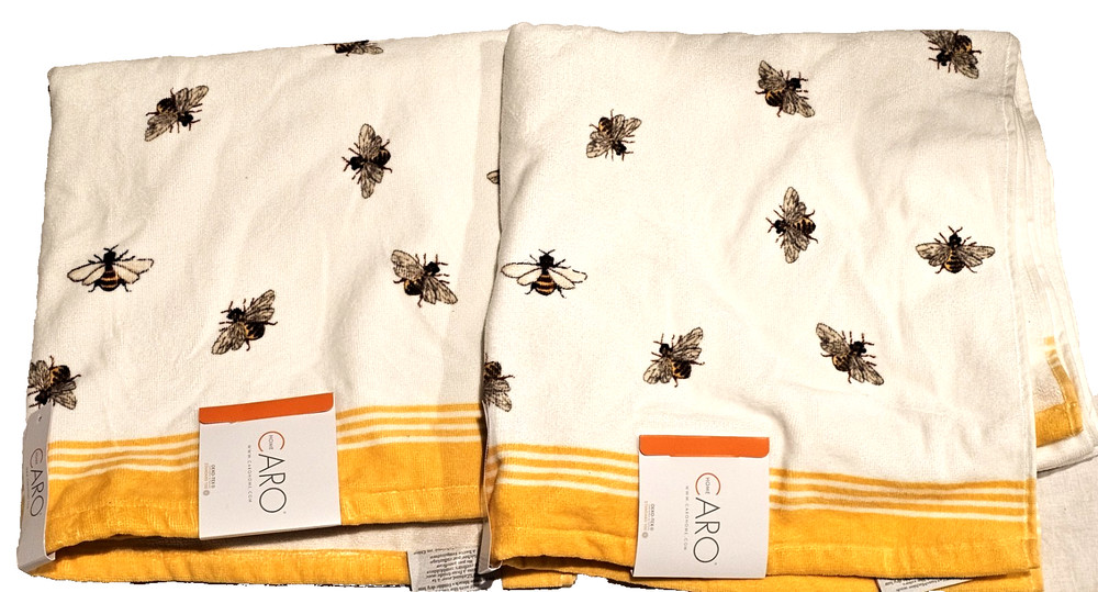 Caro Bee Bath Towels White Yellow Garden Nature Theme NEW x2