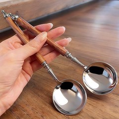 2Pcs Round Spoon Imitation Wood Handle Ice Cream Dessert Coffee Soup Spoons