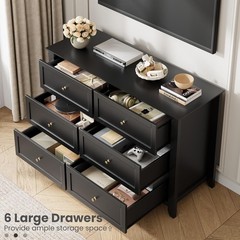 Black 6 Drawer Dresser for Bedroom Large Dresser Modern Wooden Chests of Drawers