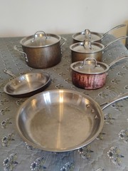 10 pc Calphalon Tri-Clad Copper Bottom Stainless Cookware Set Pots Pans Lids.