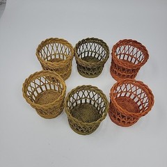 6 Vintage Boho Wicker Rattan Cup Glass Holders Handles Garden Party 3.25” Tiki