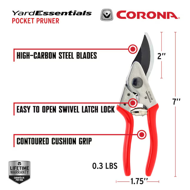 CORONA HIGH-CARBON STEEL BYPASS HAND POCKET PRUNER WITH CUSHION GRIP !!!!!!!!!!!