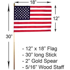 12 x 18 American Stick Flag large size with 30″x3/8″ Wood Staff Heavy duty