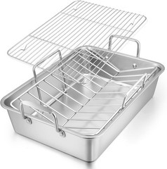 Roasting Pan, 16 x 11.5 Inch Stainless Steel Turkey Roaster with V-shaped & F…