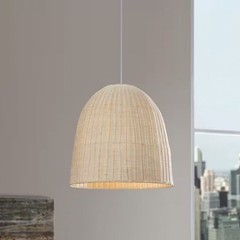 1-Light Silver Pendant Light White Rattan Shade Coastal Hanging Ceiling Fixture