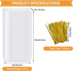 70 Pack Bread Bags with 100 Ties – 8x4x18 Clear Reusable Plastic Loaf Bags
