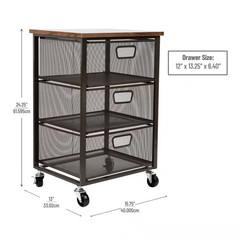 13 In. W X 24.25 In. H X 15.75 In. D Black Pull-Out Metal 3-Drawer Storage Cart