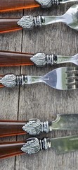 6 Pcs Stainless Steel Made In China Flatware Set Amber Color Bakelite? Acrylic?