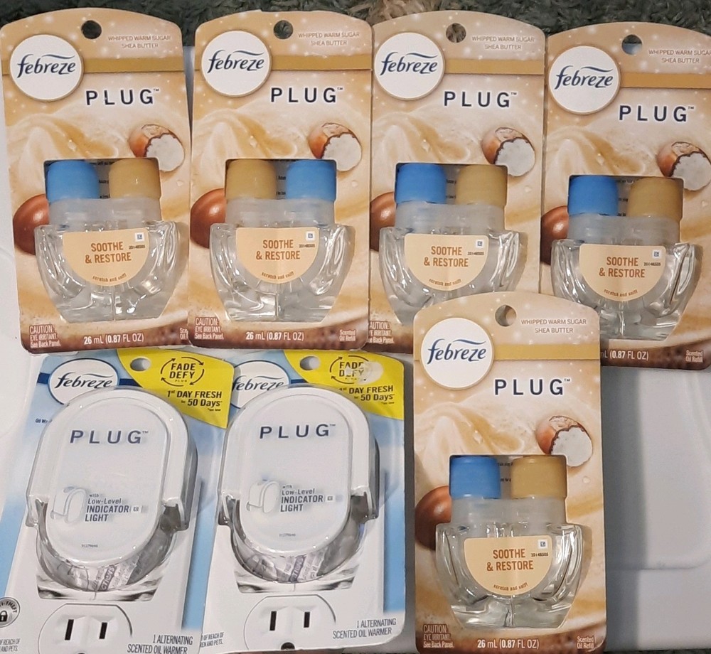 5 Count Febreze PLUG Whipped Warm Sugar Shea Butter Oil Refills & 2 Warmer