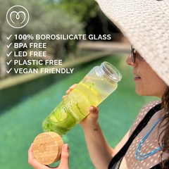 Mayu Pure Glass Reusable Water Bottle W/Bamboo Lid 1 Liter 100 Grade-A