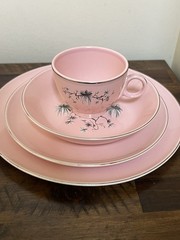 TAYLOR SMITH & TAYLOR DWARF PINE Pink 4 Pc Service Set Plates China Dishes VTG