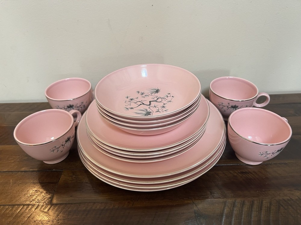 TAYLOR SMITH & TAYLOR DWARF PINE Pink 4 Pc Service Set Plates China Dishes VTG
