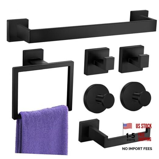 Bathroom Hardware Accessories Set: Bath Towel Bar Set, 7-Pieces Matte Black