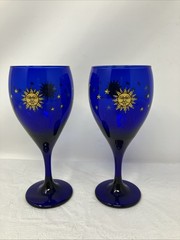 2 Libbey Cobalt Blue Celestial Sun Moon Stars Wine Water Glass Goblet Glass 7.5”