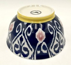 Anthropologie Footed Cereal Rice Bowl Ikat Design Blue White Yellow Pink 6.25 in