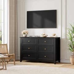 Black 6 Drawer Dresser for Bedroom Large Dresser Modern Wooden Chests of Drawers