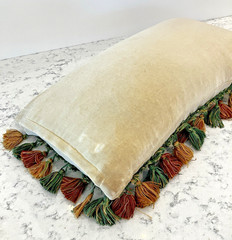 Vintage Handmade Wool Needlepoint Pillow Flowers Tassel Fringe Velvet 21″ x 11″