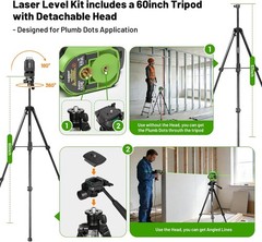 Green Cross Line Laser Level with 2 Plumb Dots, 60 Inch Tripod, 360° Tool