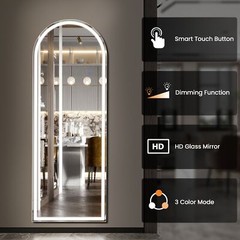 LED Full Length Standing Mirror Arched/Rectangle 3 Color Lights. Hang/Lean.